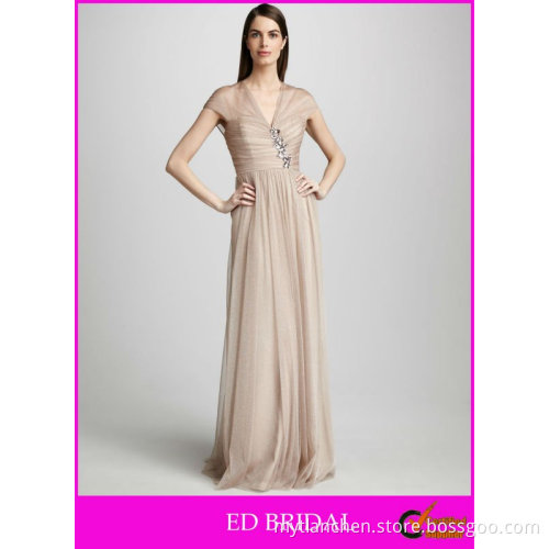 A-Line/Princess V Neck Floor Length Cap Sleeves Evening Dress Ruched Bodice Floral Jewel Gathered Skirt
